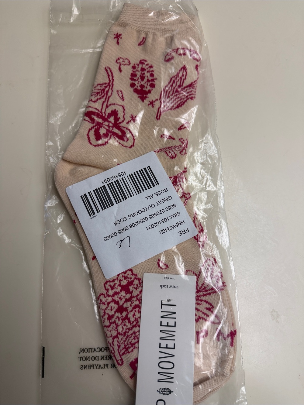 Free People Movement Crew Socks - Pale Pink with Rose Print